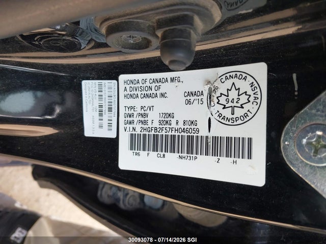 Aukcja sprzedaży 2015 Honda Civic Lx, vin: 2HGFB2F57FH046059, numer aukcji: 30093078