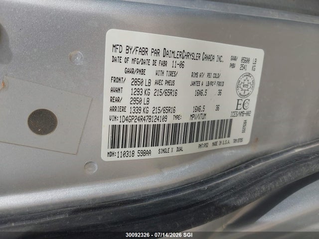 30092326 :رقم المزاد ، 1D4GP24R47B124109 vin ، 2007 Dodge Grand Caravan Se مزاد بيع