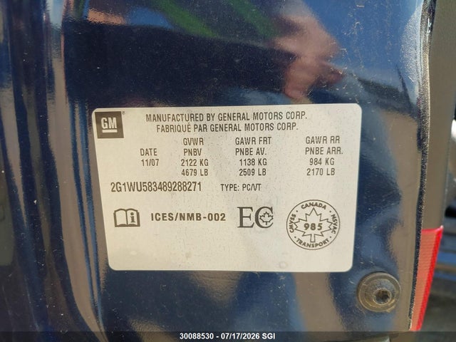 2008 Chevrolet Impala Ltz მანქანა იყიდება აუქციონზე, vin: 2G1WU583489288271, აუქციონის ნომერი: 30088530
