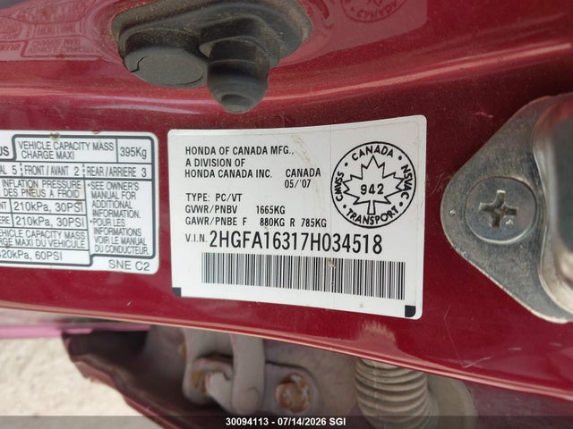 Aukcja sprzedaży 2007 Honda Civic Dx, vin: 2HGFA16317H034518, numer aukcji: 30094113