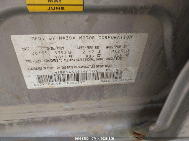 Aukcja sprzedaży 2006 Mazda 3 Hatchback, vin: JM1BK143261423310, numer aukcji: 30093880