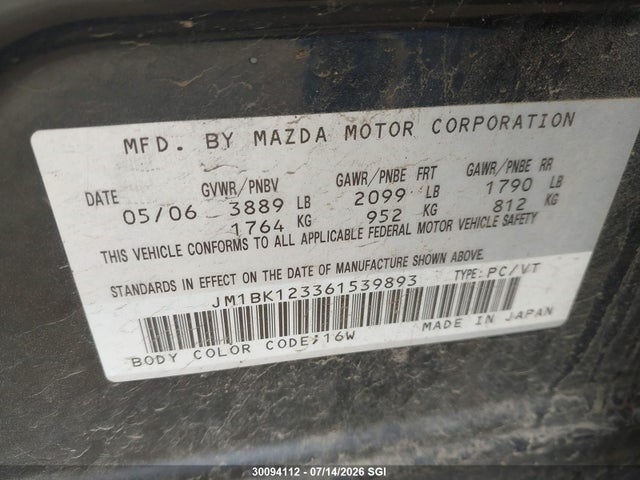 Aukcja sprzedaży 2006 Mazda 3 S, vin: JM1BK123361539893, numer aukcji: 30094112