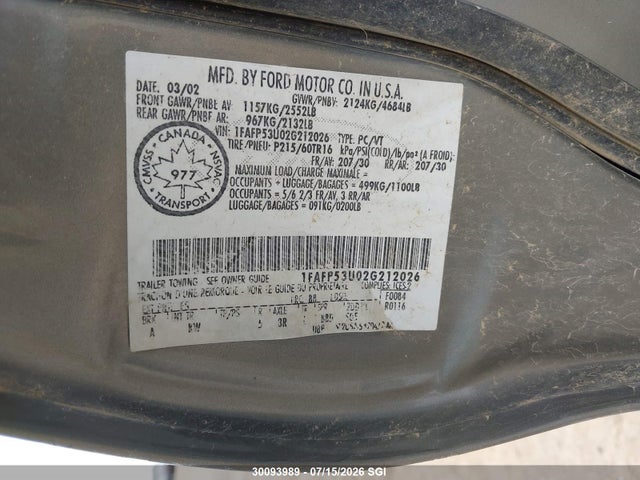 30093989 :رقم المزاد ، 1FAFP53U02G212026 vin ، 2002 Ford Taurus Se مزاد بيع