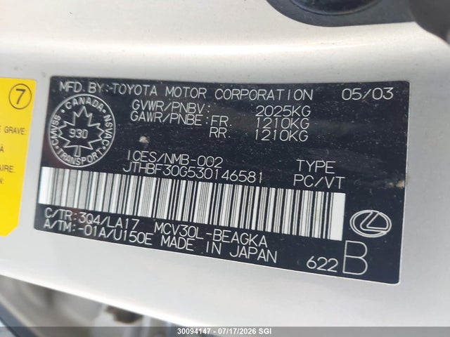 Aukcja sprzedaży 2003 Lexus Es 300, vin: JTHBF30G530146581, numer aukcji: 30094147