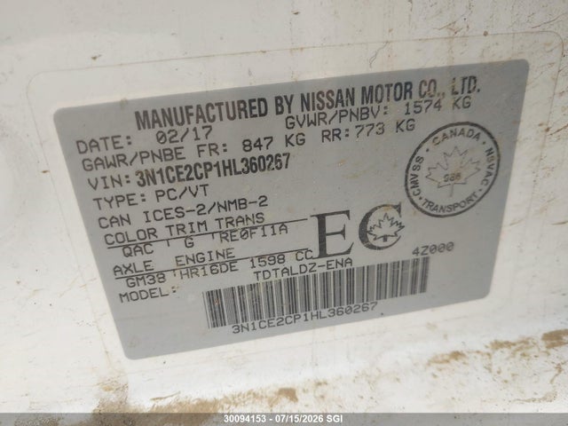 Nissan Versa Note S/s Plus/sv/sl/sr 2017 3N1CE2CP1HL360267 Image 9