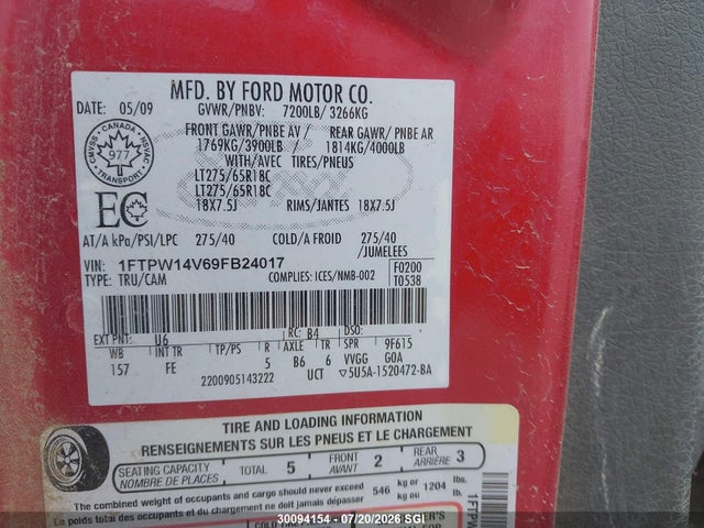 30094154 :رقم المزاد ، 1FTPW14V69FB24017 vin ، 2009 Ford F150 Supercrew مزاد بيع