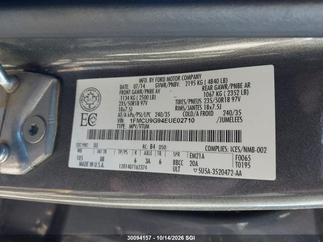 Aukcja sprzedaży 2014 Ford Escape Se, vin: 1FMCU9G94EUE02710, numer aukcji: 30094157