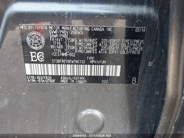 2T3BFREV8EW186132 Toyota RAV4 LE