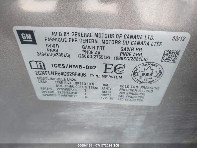 Продаж на аукціоні авто 2012 Chevrolet Equinox Lt, vin: 2GNFLNE54C6299496, номер лоту: 30094164