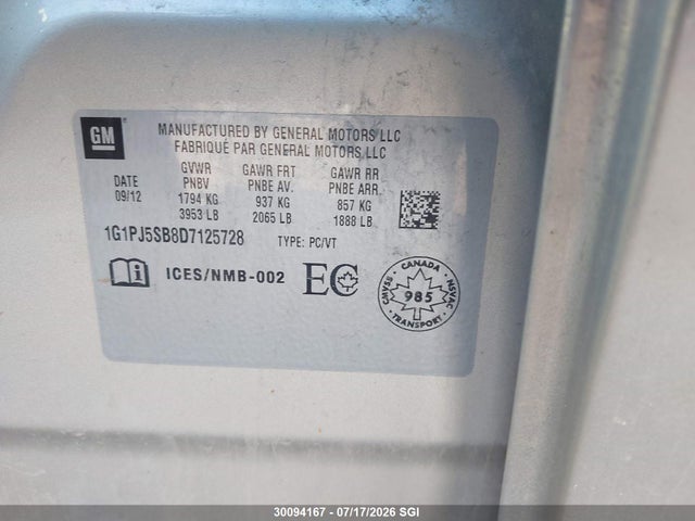 Aukcja sprzedaży 2013 Chevrolet Cruze Eco, vin: 1G1PJ5SB8D7125728, numer aukcji: 30094167