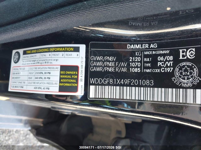 Aukcja sprzedaży 2009 Mercedes-benz C 300 4matic, vin: WDDGF81X49F201083, numer aukcji: 30094171