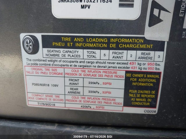 Aukcja sprzedaży 2005 Infiniti Fx35, vin: JNRAS08W15X211634, numer aukcji: 30094179
