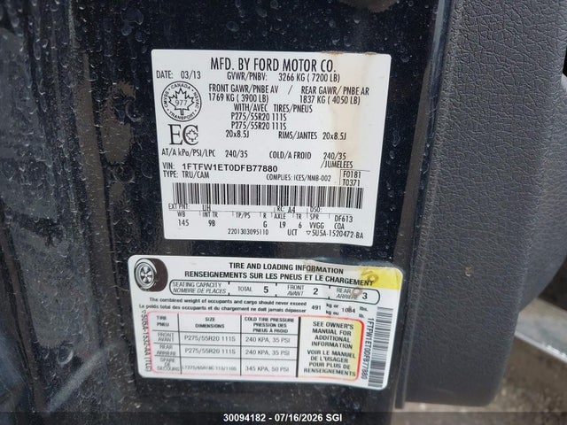 2013 Ford F150 Supercrew მანქანა იყიდება აუქციონზე, vin: 1FTFW1ET0DFB77880, აუქციონის ნომერი: 30094182
