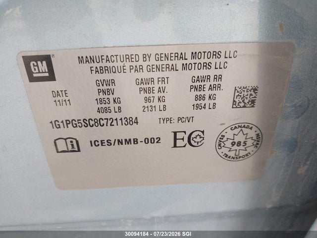 2012 Chevrolet Cruze Lt მანქანა იყიდება აუქციონზე, vin: 1G1PG5SC8C7211384, აუქციონის ნომერი: 30094184