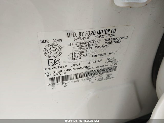 30094190 :رقم المزاد ، 2FMDK49C89BA90893 vin ، 2009 Ford Edge Limited مزاد بيع