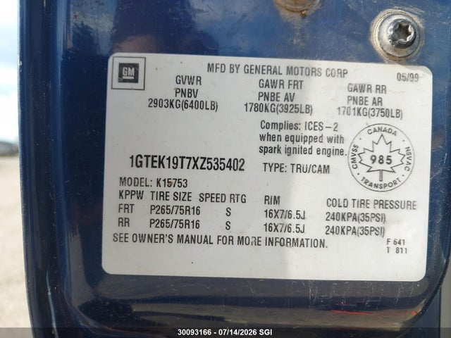Продажа на аукционе авто 1999 Gmc New Sierra K1500, vin: 1GTEK19T7XZ535402, номер лота: 30093166