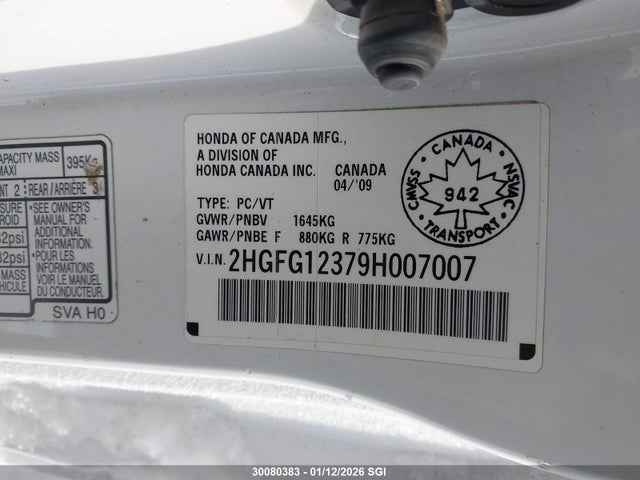 2009 Honda Civic Dx-g მანქანა იყიდება აუქციონზე, vin: 2HGFG12379H007007, აუქციონის ნომერი: 30080383