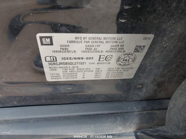 Chevrolet TRAX LTZ 2016 3GNCJRSB5GL271931 Image 9
