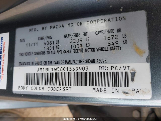 Aukcja sprzedaży 2012 Mazda Mazda3 Gt, vin: JM1BL1W58C1559903, numer aukcji: 30091475
