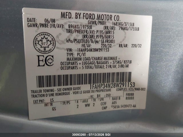 Aukcja sprzedaży 2008 Ford Focus S/se, vin: 1FAHP34N28W291153, numer aukcji: 30093260