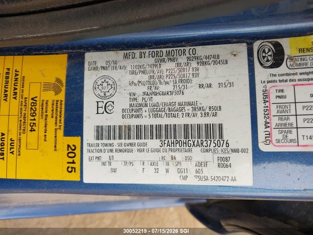 30052219 :رقم المزاد ، 3FAHP0HGXAR375076 vin ، 2010 Ford Fusion Se مزاد بيع