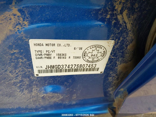 Auction sale of the 2007 Honda Fit, vin: JHMGD37427S807453, lot number: 30083283