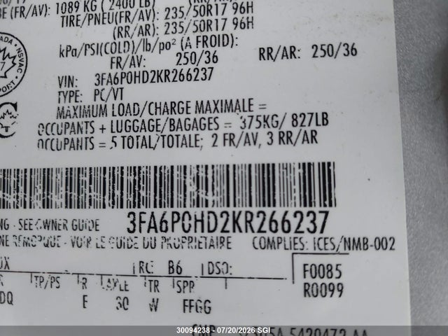 30094238 :رقم المزاد ، 3FA6P0HD2KR266237 vin ، 2019 Ford Fusion Se مزاد بيع