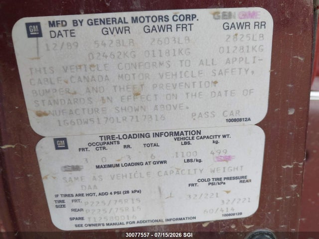 Продаж на аукціоні авто 1990 Cadillac Brougham, vin: 1G6DW5170LR717316, номер лоту: 30077557
