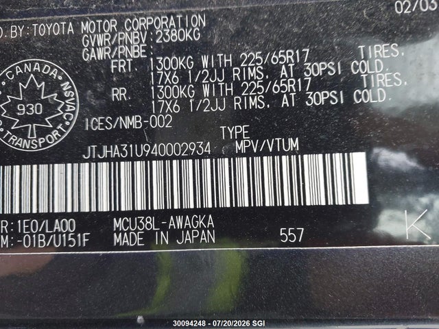 Aukcja sprzedaży 2004 Lexus Rx 330, vin: JTJHA31U940002934, numer aukcji: 30094248