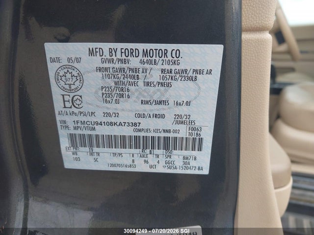 30094249 :رقم المزاد ، 1FMCU94108KA73387 vin ، 2008 Ford Escape Limited مزاد بيع