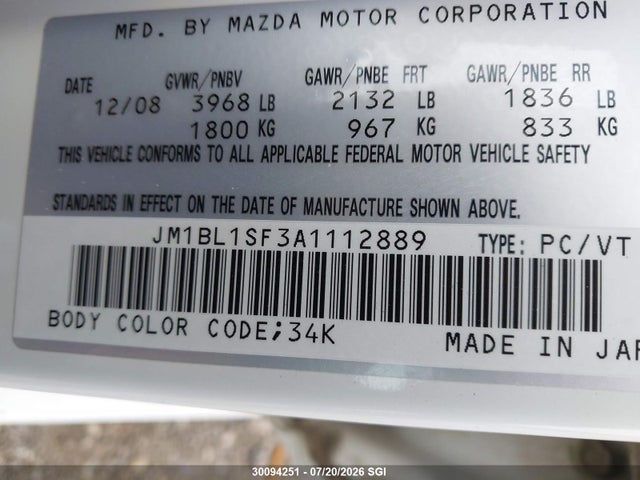 Aukcja sprzedaży 2010 Mazda 3 I, vin: JM1BL1SF3A1112889, numer aukcji: 30094251