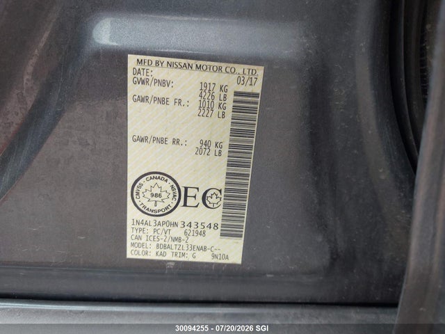 30094255 :رقم المزاد ، 1N4AL3AP0HN343548 vin ، 2017 Nissan Altima 2.5/s/sv/sl/sr مزاد بيع