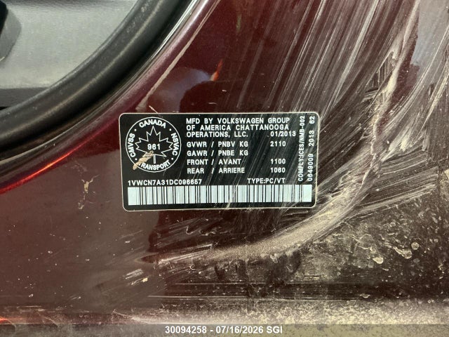 Aukcja sprzedaży 2013 Volkswagen Passat Sel, vin: 1VWCN7A31DC096657, numer aukcji: 30094258