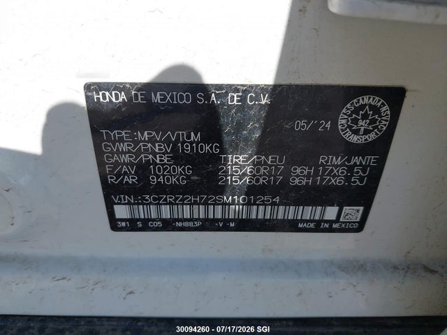 Продажа на аукционе авто 2025 Honda Hr-v Exl, vin: 3CZRZ2H72SM101254, номер лота: 30094260