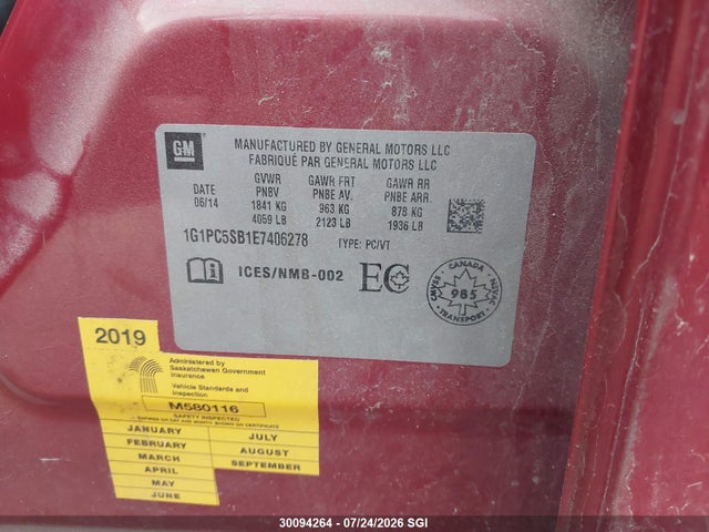 1G1PC5SB1E7406278 Chevrolet CRUZE LT
