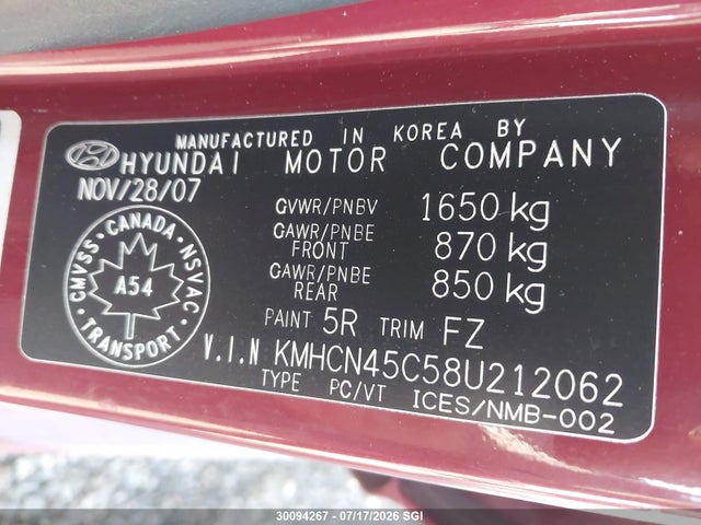 Aukcja sprzedaży 2008 Hyundai Accent Gls, vin: KMHCN45C58U212062, numer aukcji: 30094267