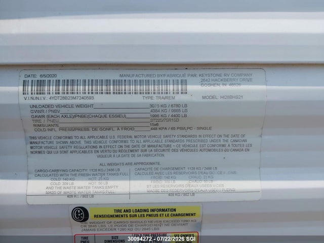 Продаж на аукціоні авто 2021 Keystone Hideout, vin: 4YDT28B23M7240593, номер лоту: 30094272