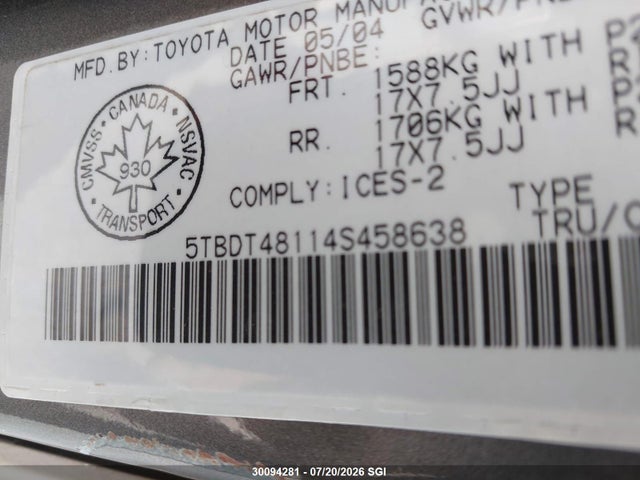 Продаж на аукціоні авто 2004 Toyota Tundra Double Cab Limited, vin: 5TBDT48114S458638, номер лоту: 30094281