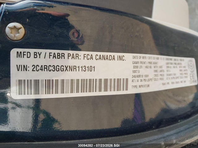 2022 Chrysler Pacifica Limited მანქანა იყიდება აუქციონზე, vin: 2C4RC3GGXNR113101, აუქციონის ნომერი: 30094282