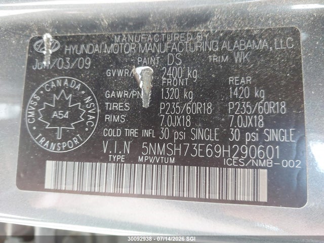 Aukcja sprzedaży 2009 Hyundai Santa Fe Se/limited, vin: 5NMSH73E69H290601, numer aukcji: 30092938