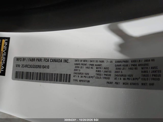 Продаж на аукціоні авто 2025 Chrysler Pacifica Limited, vin: 2C4RC3GG5SR610410, номер лоту: 30094301