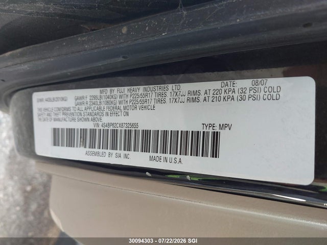 30094303 :رقم المزاد ، 4S4BP62CX87325655 vin ، 2008 Subaru Outback 2.5i Limited مزاد بيع