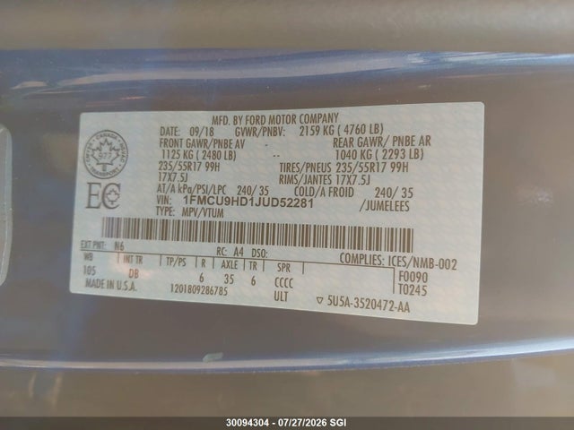 Ford ESCAPE SEL 2018 1FMCU9HD1JUD52281 Image 9
