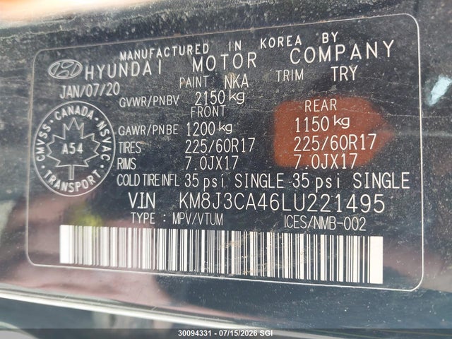 30094331 :رقم المزاد ، KM8J3CA46LU221495 vin ، 2020 Hyundai Tucson Limited/sel/sport/ultimate/value مزاد بيع