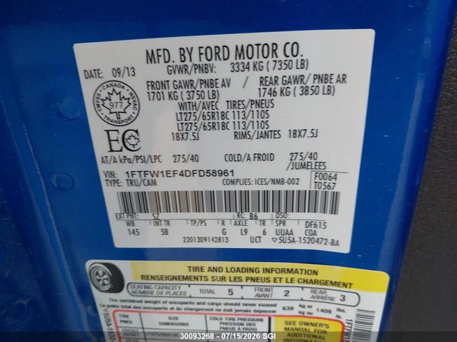 Aukcja sprzedaży 2013 Ford F-150 Fx4, vin: 1FTFW1EF4DFD58961, numer aukcji: 30093268