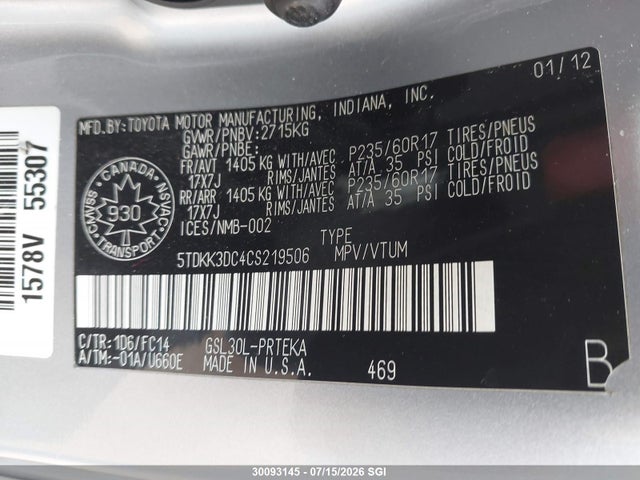 Продаж на аукціоні авто 2012 Toyota Sienna Le, vin: 5TDKK3DC4CS219506, номер лоту: 30093145