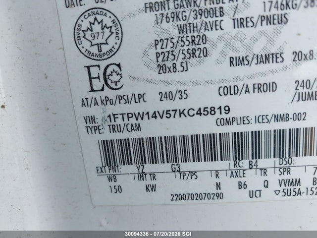 30094336 :رقم المزاد ، 1FTPW14V57KC45819 vin ، 2007 Ford F150 Supercrew مزاد بيع