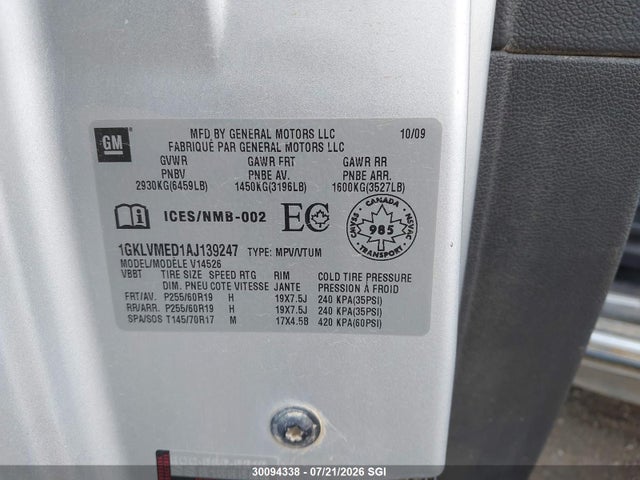 Aukcja sprzedaży 2010 Gmc Acadia Slt-1, vin: 1GKLVMED1AJ139247, numer aukcji: 30094338
