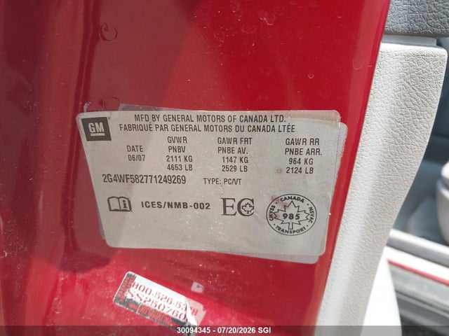 30094345 :رقم المزاد ، 2G4WF582771249269 vin ، 2007 Buick Allure Cx مزاد بيع