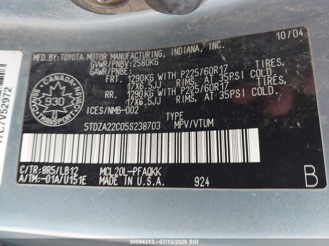 Продаж на аукціоні авто 2005 Toyota Sienna Xle/xle Limited, vin: 5TDZA22C05S238703, номер лоту: 30094313